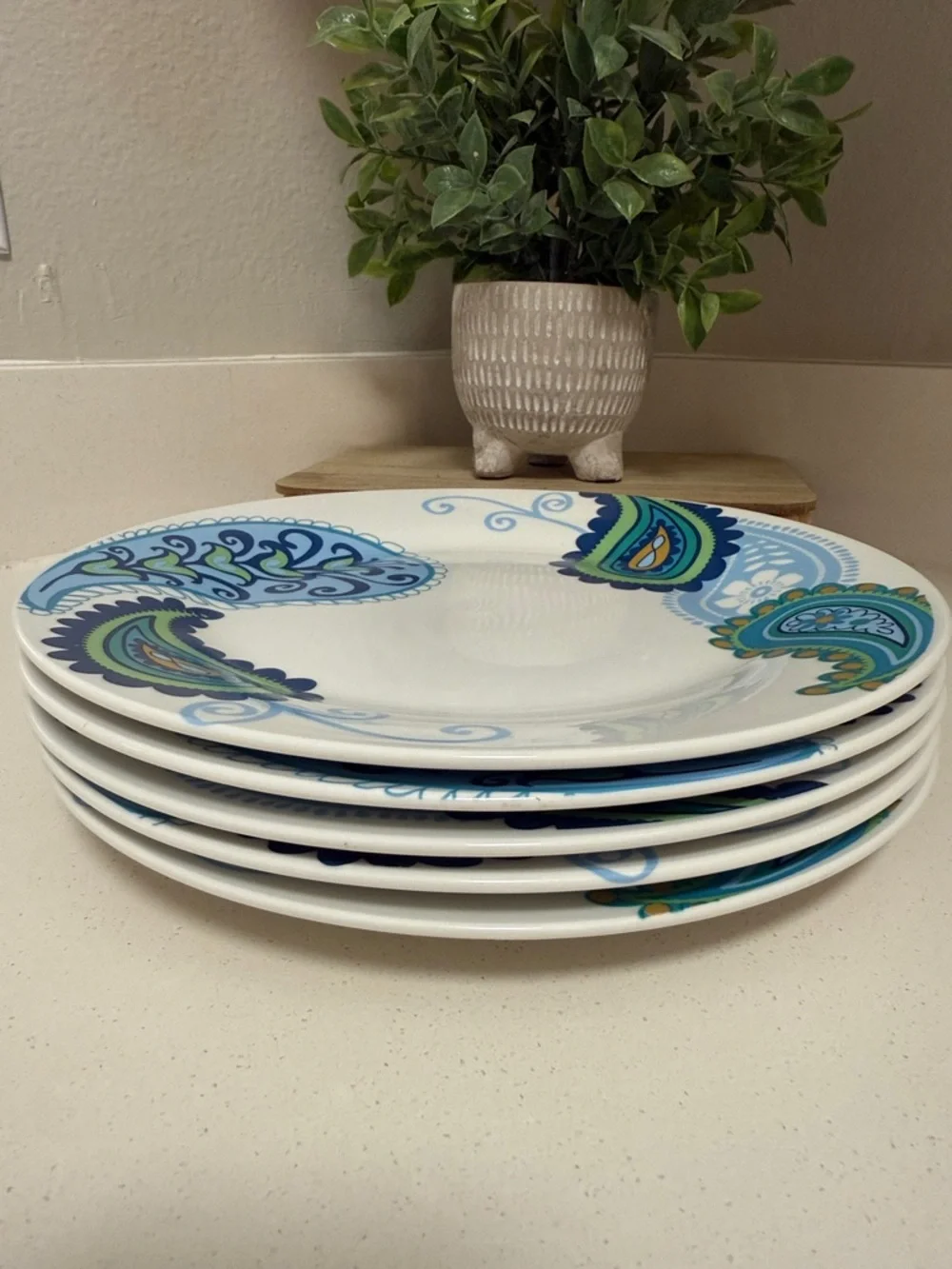 Royal Norfolk Set of 5 Dinner Plates Blue Green Paisley Print 10.5” Coastal Boho